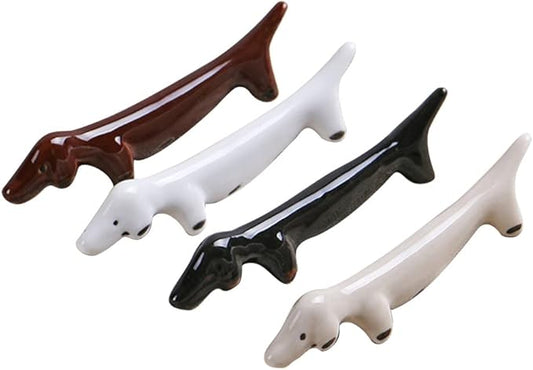 Ceramic Sausage Dog Chopsticks Rest 4Pcs,  Cute Chopsticks Holder Dinner Spoon Holder Knife and Fork Holder, Dachshund Dog Home Decoration Decoration (Four-color)