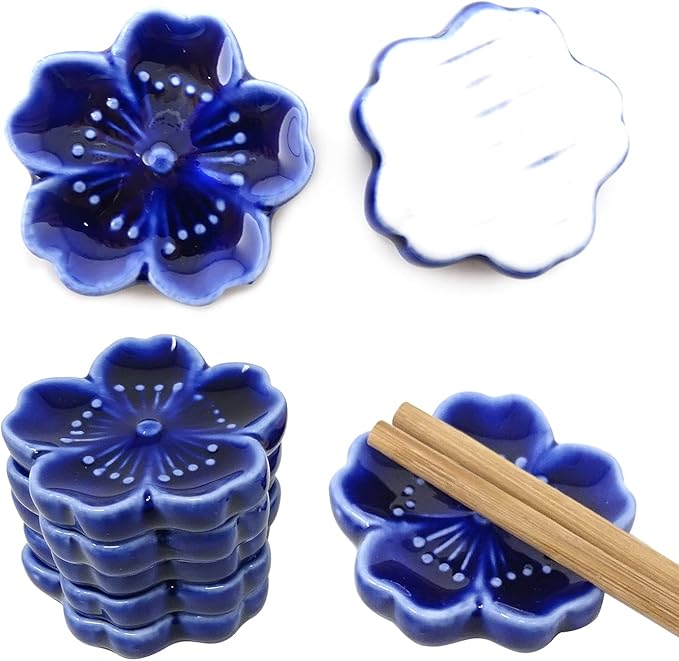 6PCS Elegant Cherry Blossom Ceramic Chopsticks Rest Rack Stand Holder for Chopsticks, Forks, Spoons, Knives, Paint Brushes (blue)