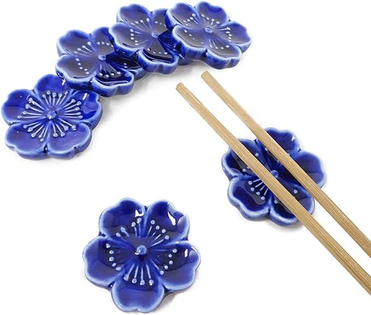 6PCS Elegant Cherry Blossom Ceramic Chopsticks Rest Rack Stand Holder for Chopsticks, Forks, Spoons, Knives, Paint Brushes (blue)