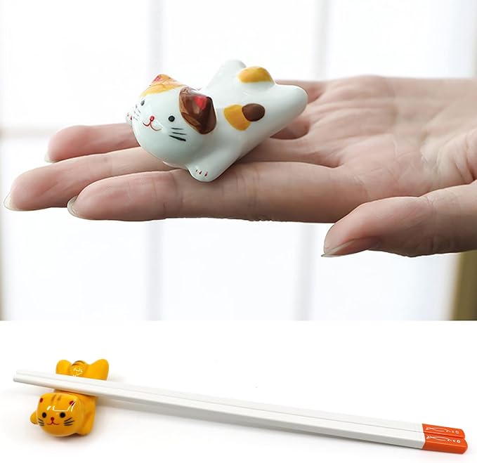 5 Pack Cat Chopsticks Rest Set, Porcelain Cute Lucky Cat Ceramic Chopsticks Holder Rack for Dinner Fork Spoon Knife Tableware, Home Kitchen Gift