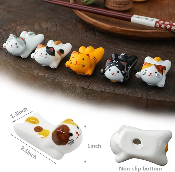 5 Pack Cat Chopsticks Rest Set, Porcelain Cute Lucky Cat Ceramic Chopsticks Holder Rack for Dinner Fork Spoon Knife Tableware, Home Kitchen Gift