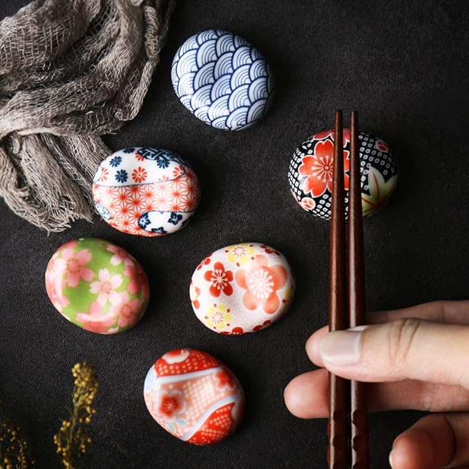 Hand Painted Floral Ceramic Chopsticks Rest Rack Dinner Spoon Stand Knife Fork Holder Chopsticks Stand(Set of 6)