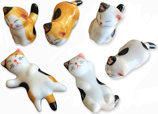 Ceramic Cute Cat Chopsticks Rest Dinner Spoon Stand Knife Fork Holder (Set of 6PCS)