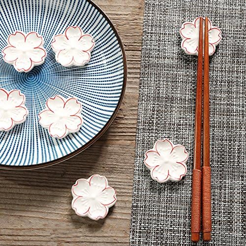 Elegant Cherry Blossom Ceramic Chopsticks Rest Rack Dinner Spoon Stand Knife Fork Holder,Sakura Chopsticks Stand(Set of 6)