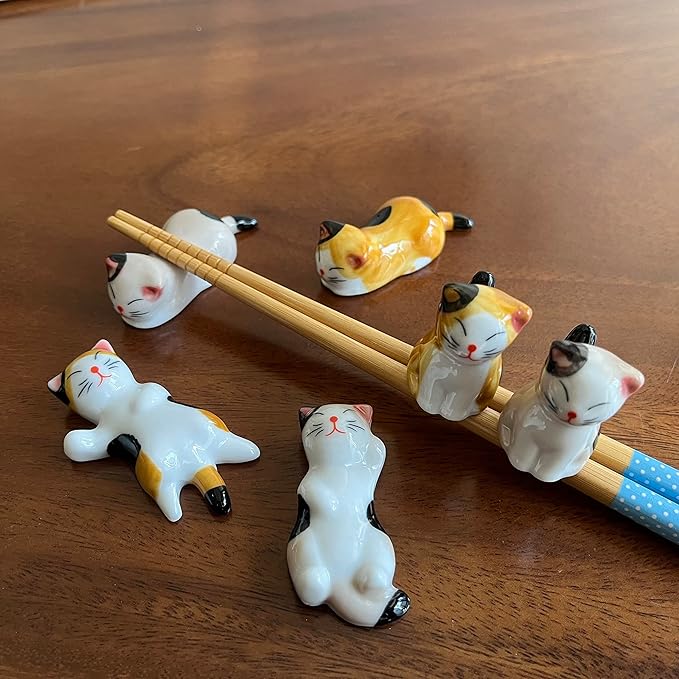 Ceramic Cute Cat Chopsticks Rest Dinner Spoon Stand Knife Fork Holder (Set of 6PCS)