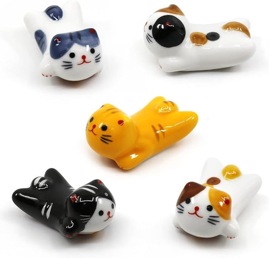 5 Pack Cat Chopsticks Rest Set,  Porcelain Cute Lucky Cat Ceramic Chopsticks Holder Rack for Dinner Fork Spoon Knife Tableware, Home Kitchen Gift