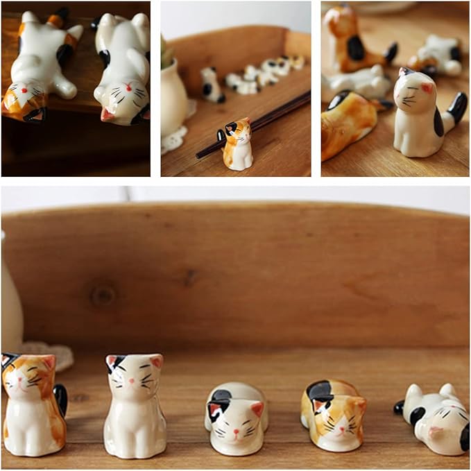 Ceramic Cute Cat Chopsticks Rest Dinner Spoon Stand Knife Fork Holder (Set of 6PCS)
