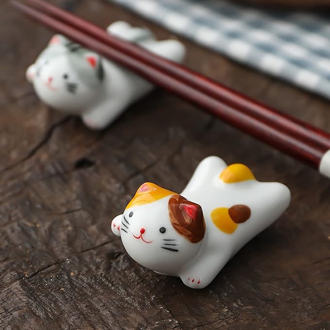 5 Pack Cat Chopsticks Rest Set,  Porcelain Cute Lucky Cat Ceramic Chopsticks Holder Rack for Dinner Fork Spoon Knife Tableware, Home Kitchen Gift