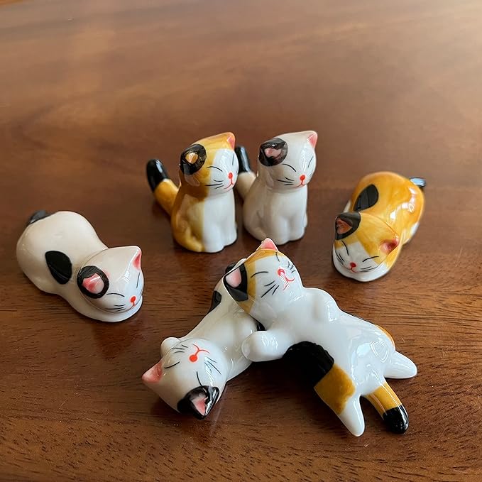 Ceramic Cute Cat Chopsticks Rest Dinner Spoon Stand Knife Fork Holder (Set of 6PCS)