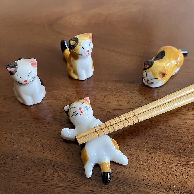 Ceramic Cute Cat Chopsticks Rest Dinner Spoon Stand Knife Fork Holder (Set of 6PCS)